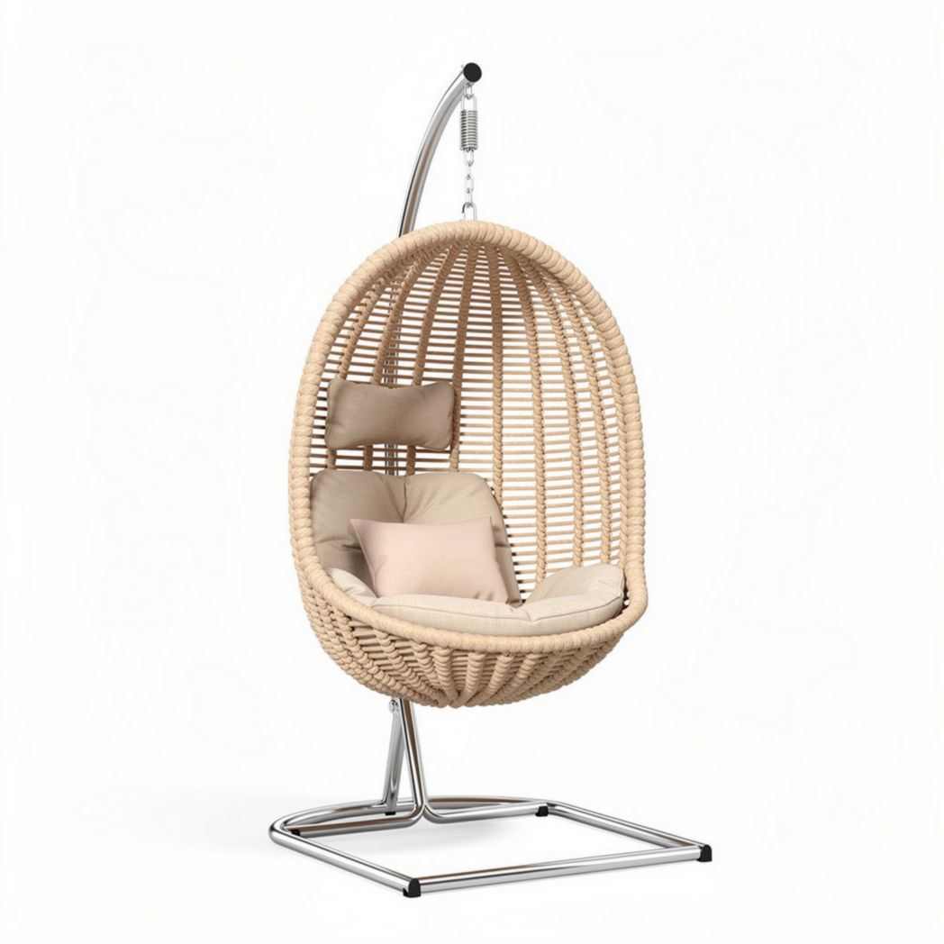 Rattan Hanging Chair with Cushions for Indoor and Outdoor Use – Steel Frame – 120 x 85 x 100cm
