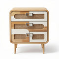 Wooden Nightstand with Three Drawers for Bedroom Storage, Made of Solid Wood and Rattan, 40 x 30 x 60cm