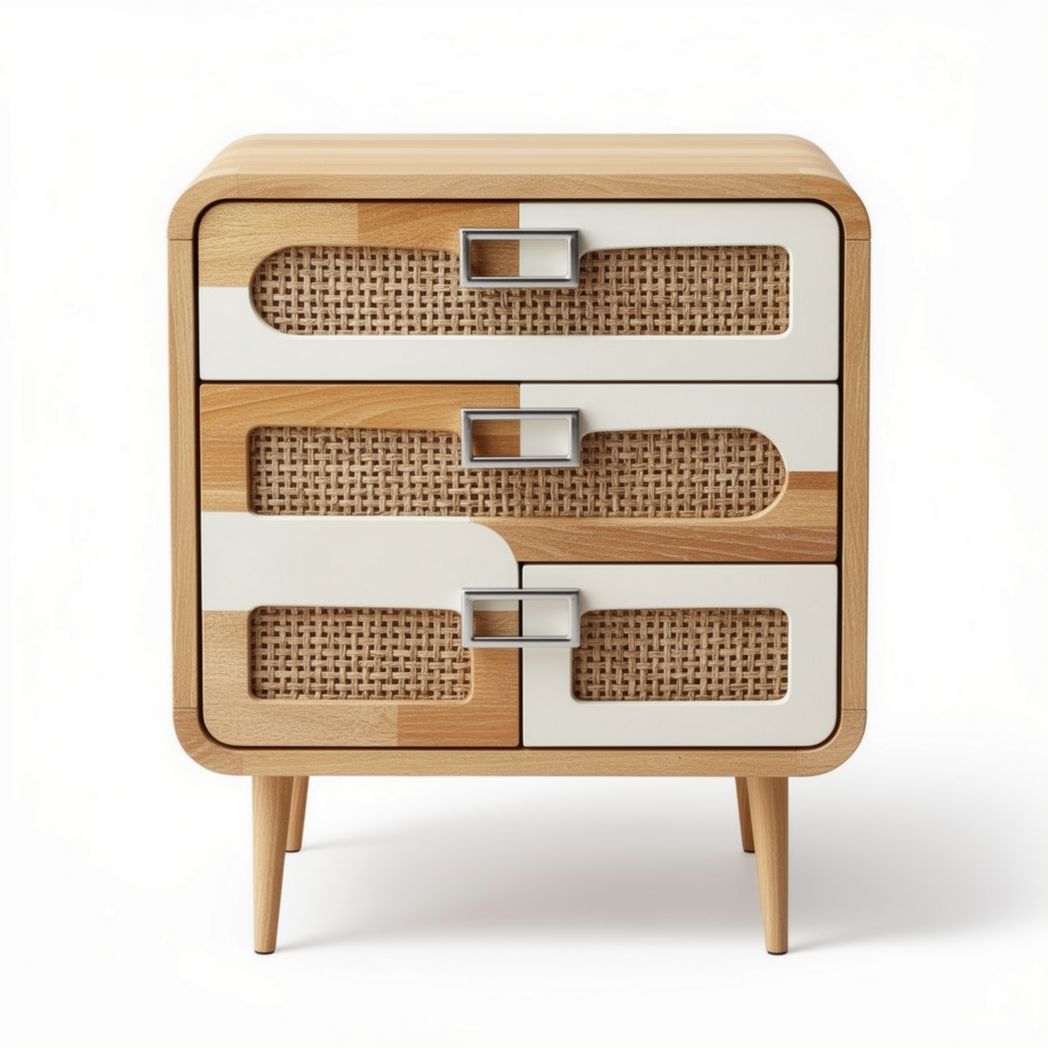 Wooden Nightstand with Three Drawers for Bedroom Storage, Made of Solid Wood and Rattan, 40 x 30 x 60cm