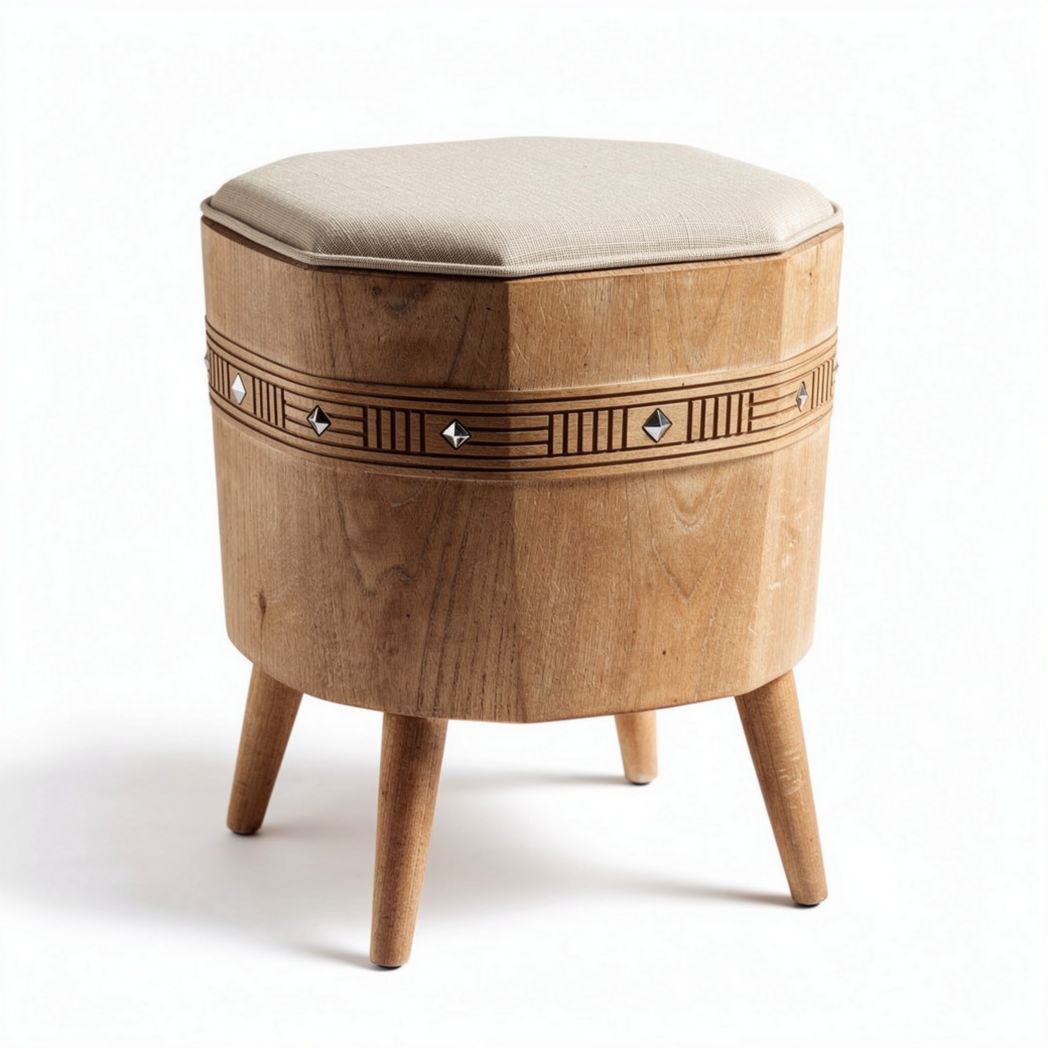 Wooden Hexagonal Stool with Upholstered Top for Seating and Decoration – 40 x 40 x 45cm