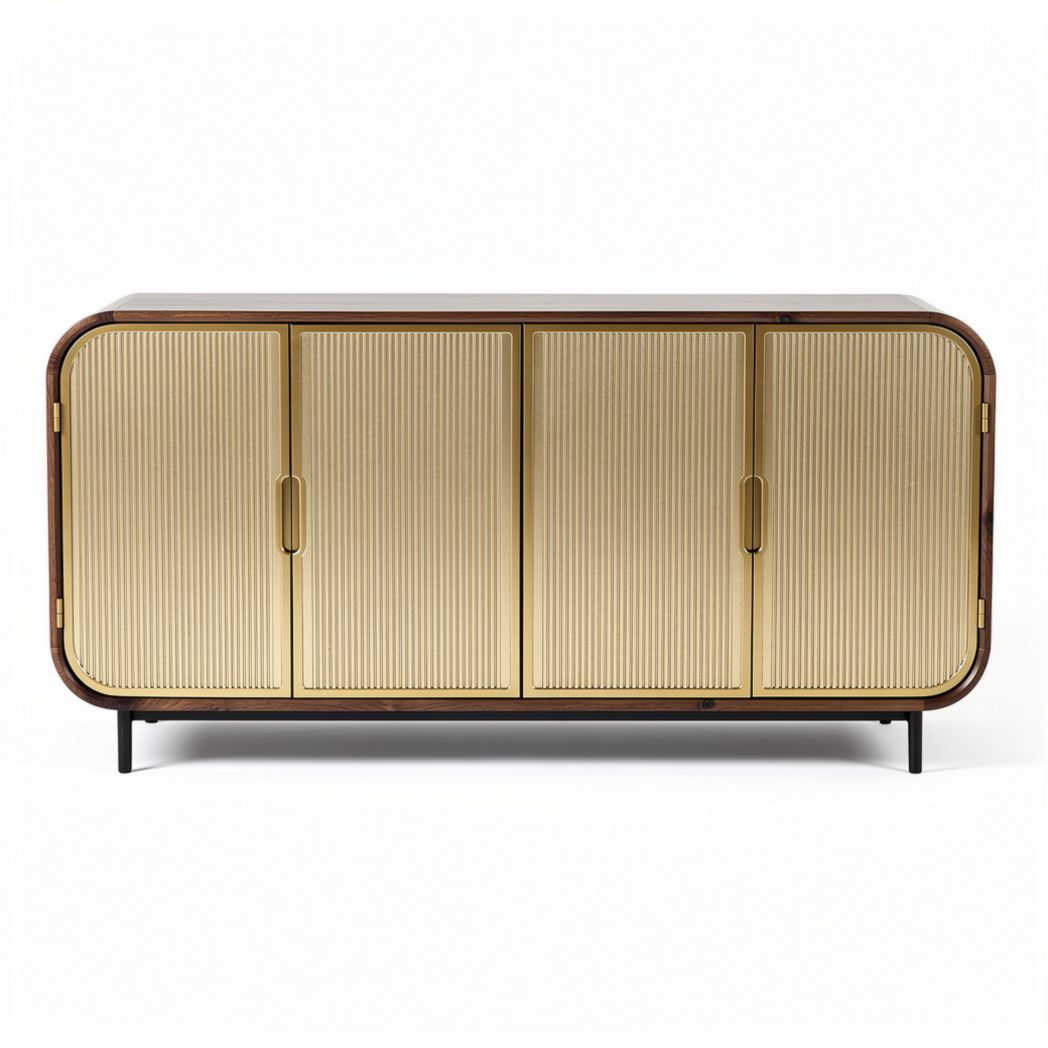 Metal Frame Sideboard with Ribbed Doors – Living Room Storage – Steel and Wood – 150 x 40 x 80cm