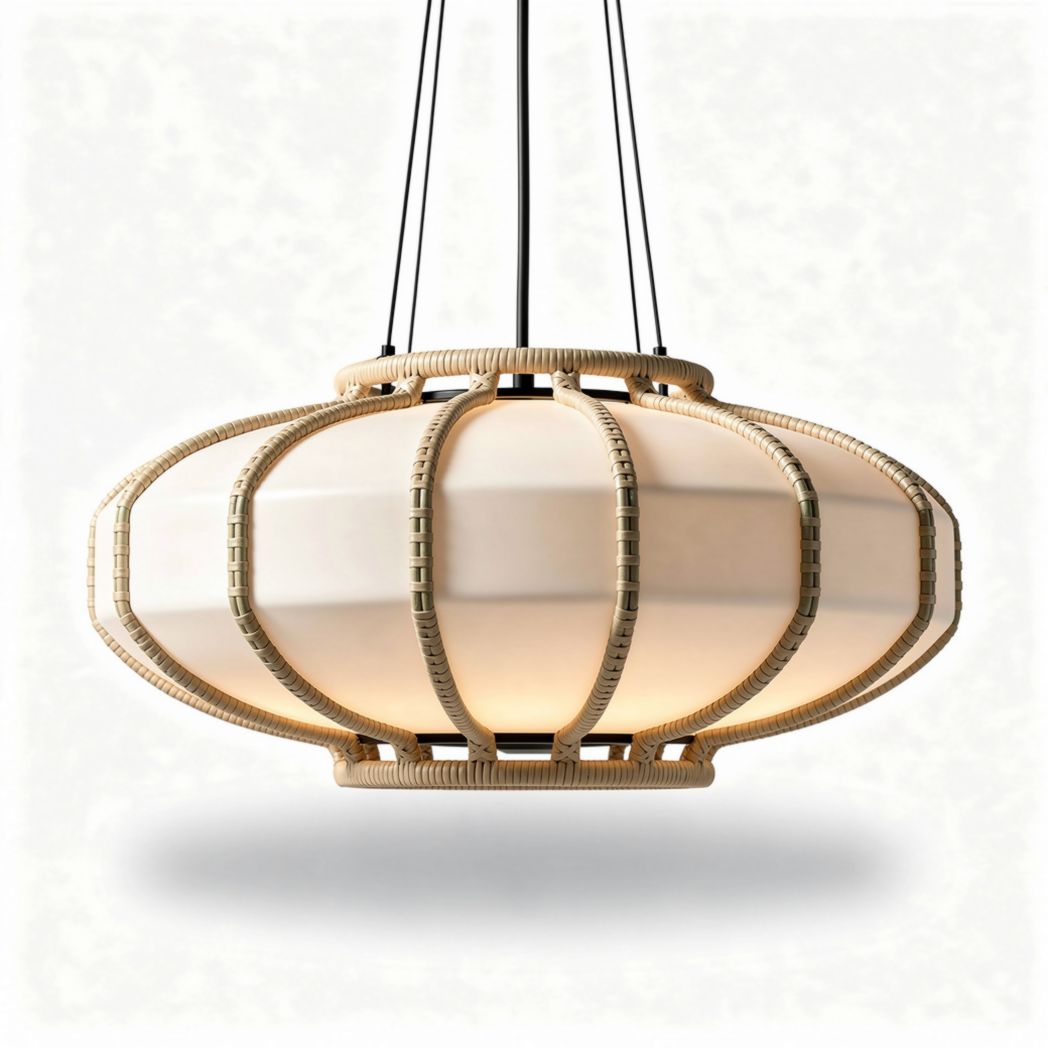 Hanging Rattan Ceiling Light Fixture – Suitable for Indoor Use – Rattan and Glass Material – 50 x 30 x 20cm